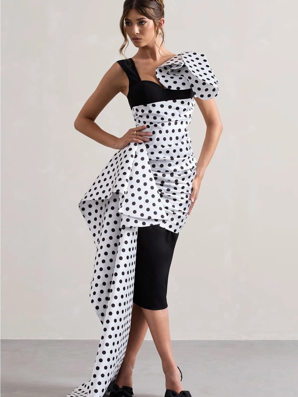 Polka Dot One-Shoulder Draped Cocktail Dress - Black & White